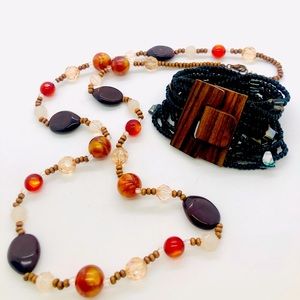 Vintage Glass Bead Necklace & Multi Strand Wood Buckle Bracelet